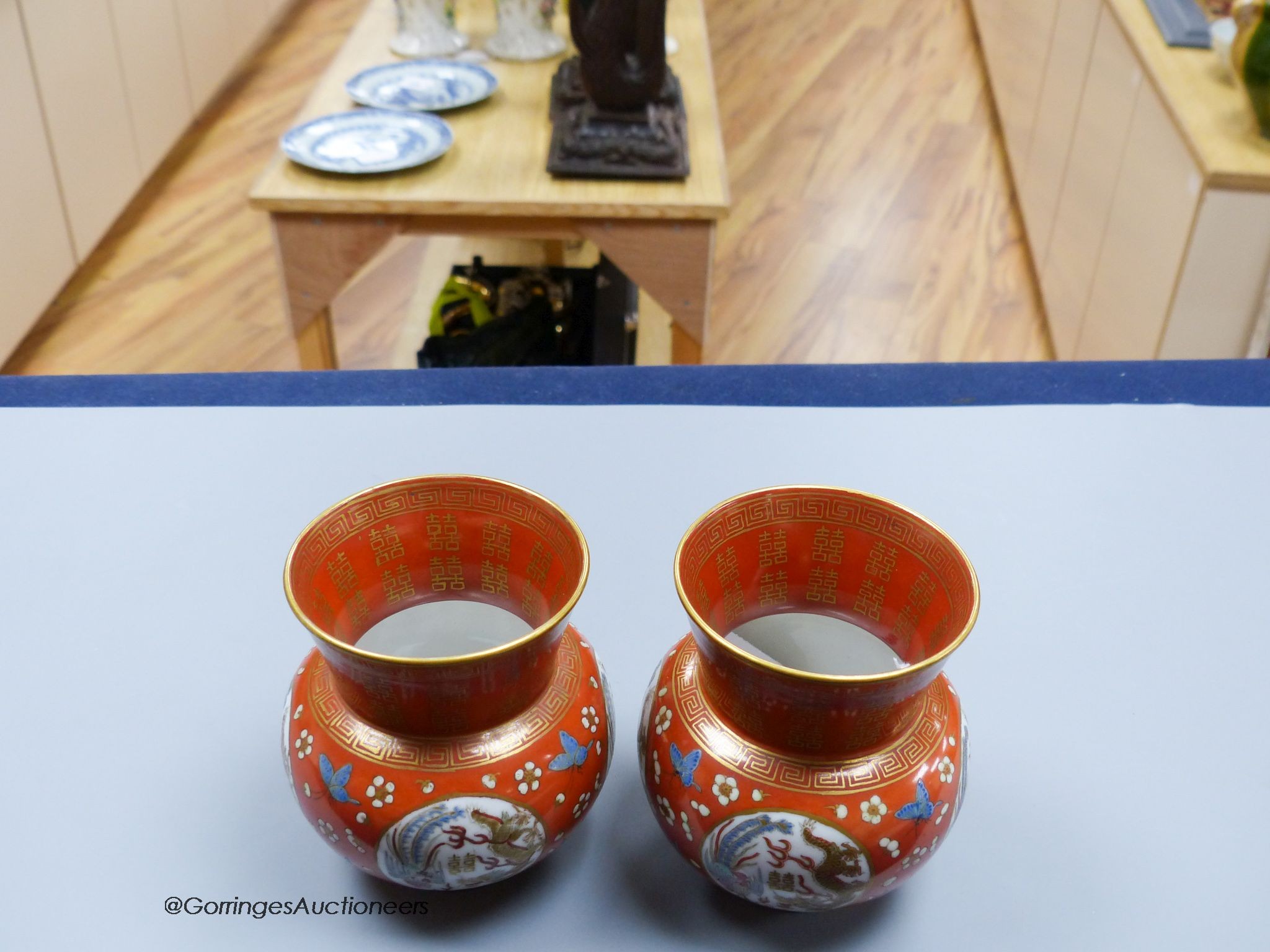 A pair Chinese coral ground 'dragon' vases, Republic period height 11cm